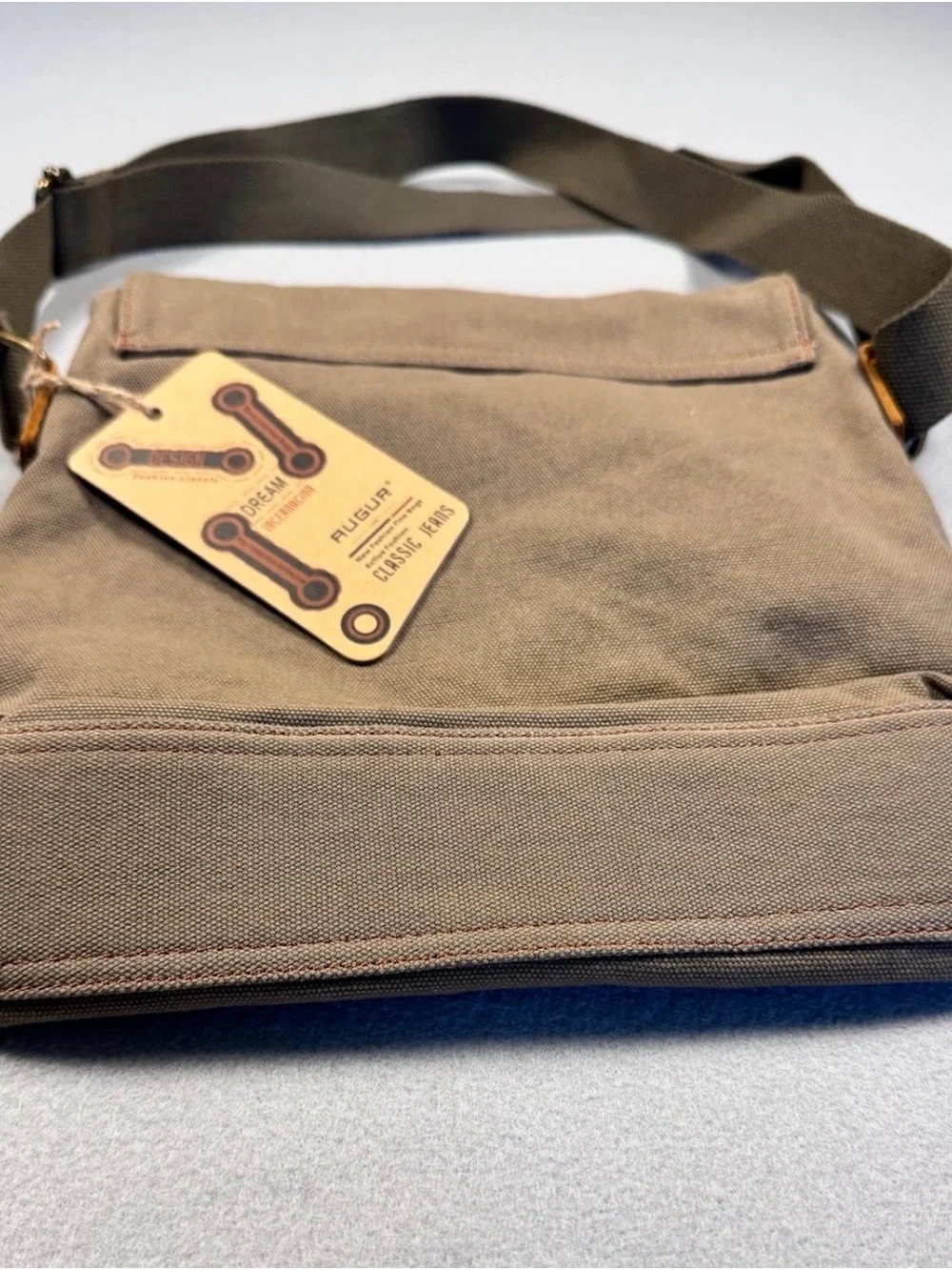 AUGUR Canvas Crossbody Bag in Khaki with Brown Leather Trim